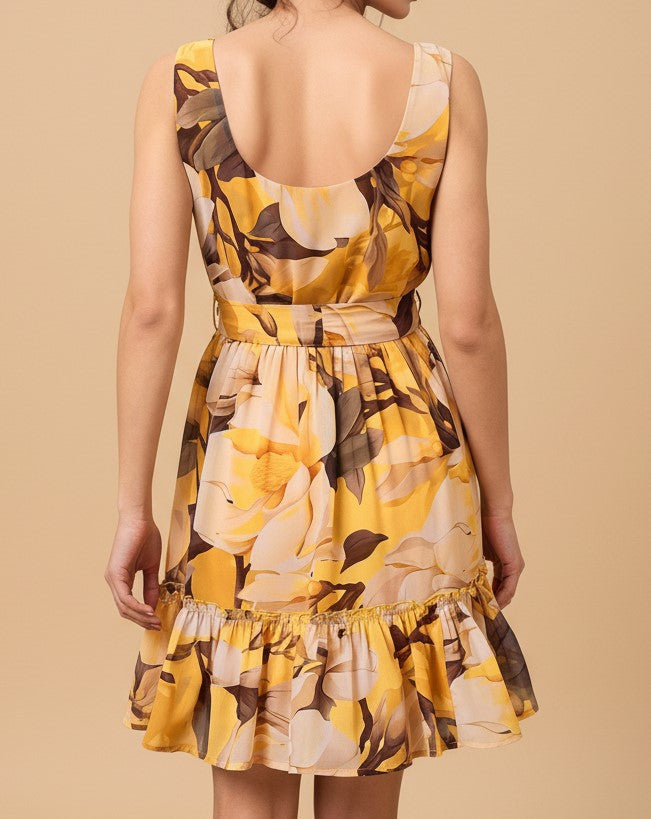 Yellow Shoulder Strap Abstract Printed Dress