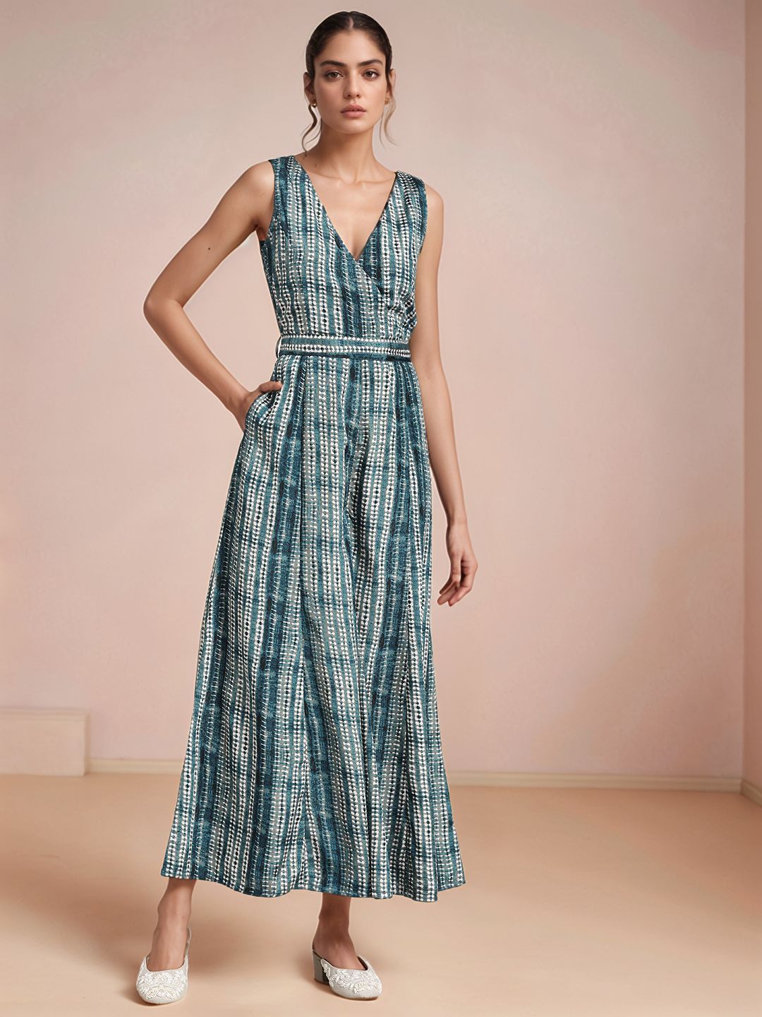 Teal Sleeveless V Neck Tie-Dye Jumpsuit