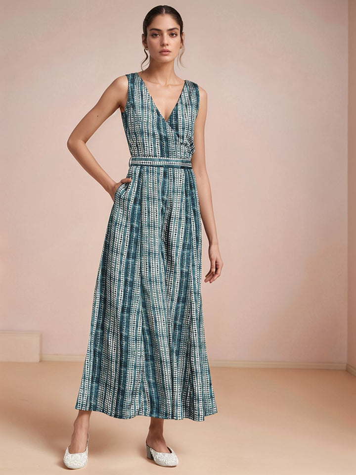 Teal Sleeveless V Neck Tie-Dye Jumpsuit