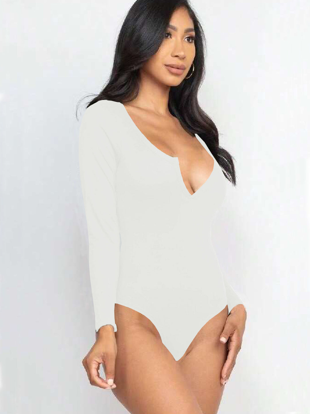 Off White Full Sleeved Scoop V-Neck Bodysuit