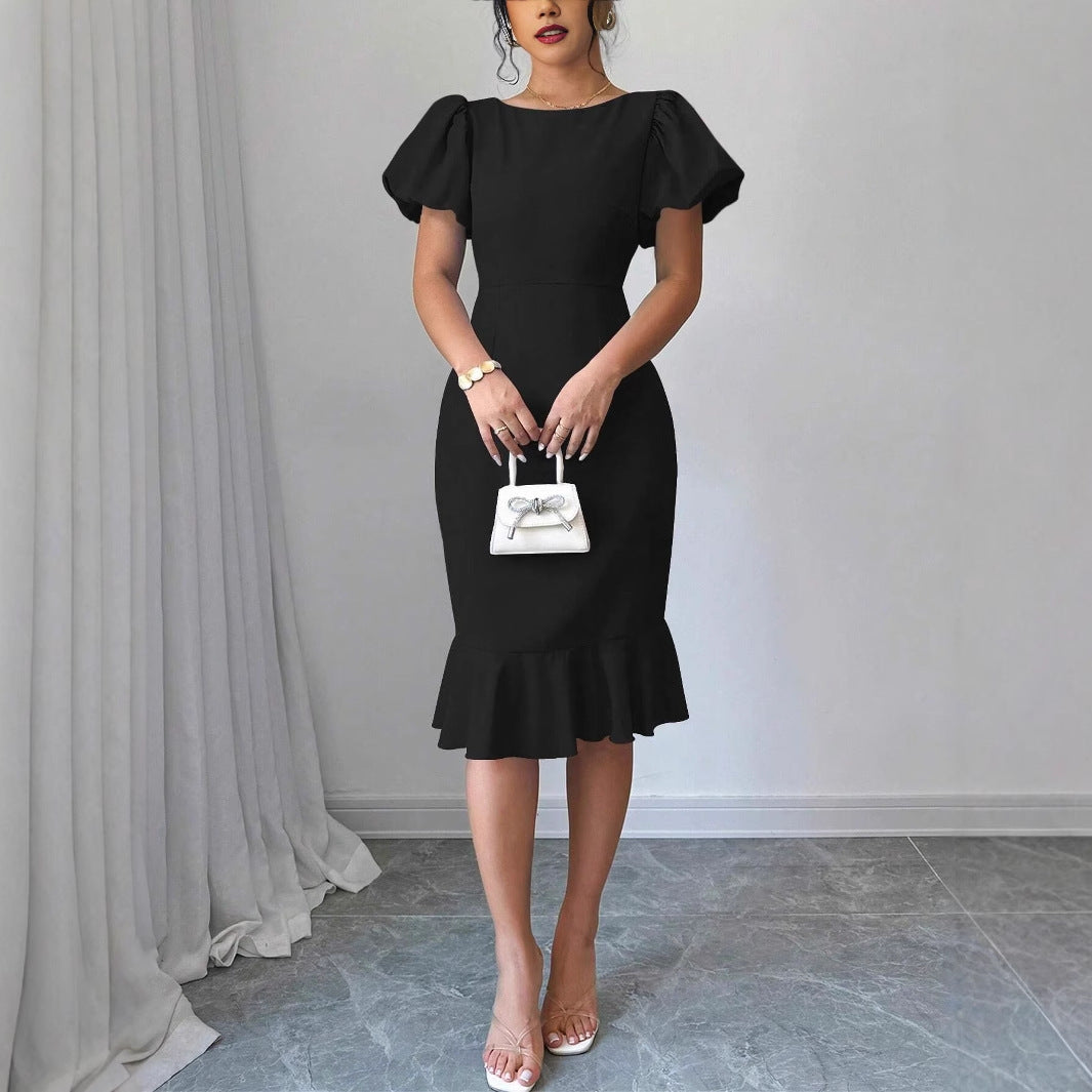 Black Puff Sleeved Solid Dress