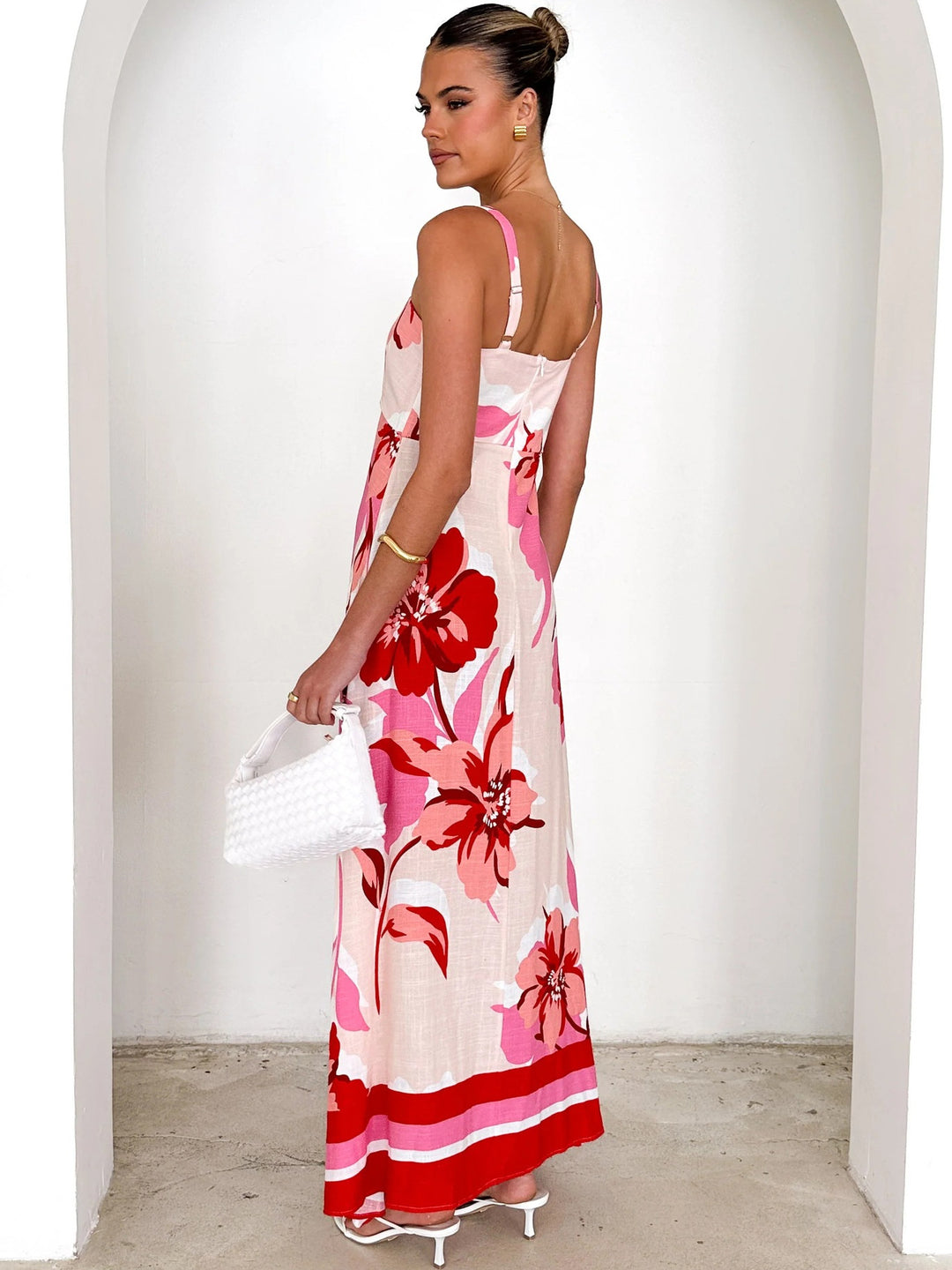 Red Spaghetti Strap Floral Printed Dress