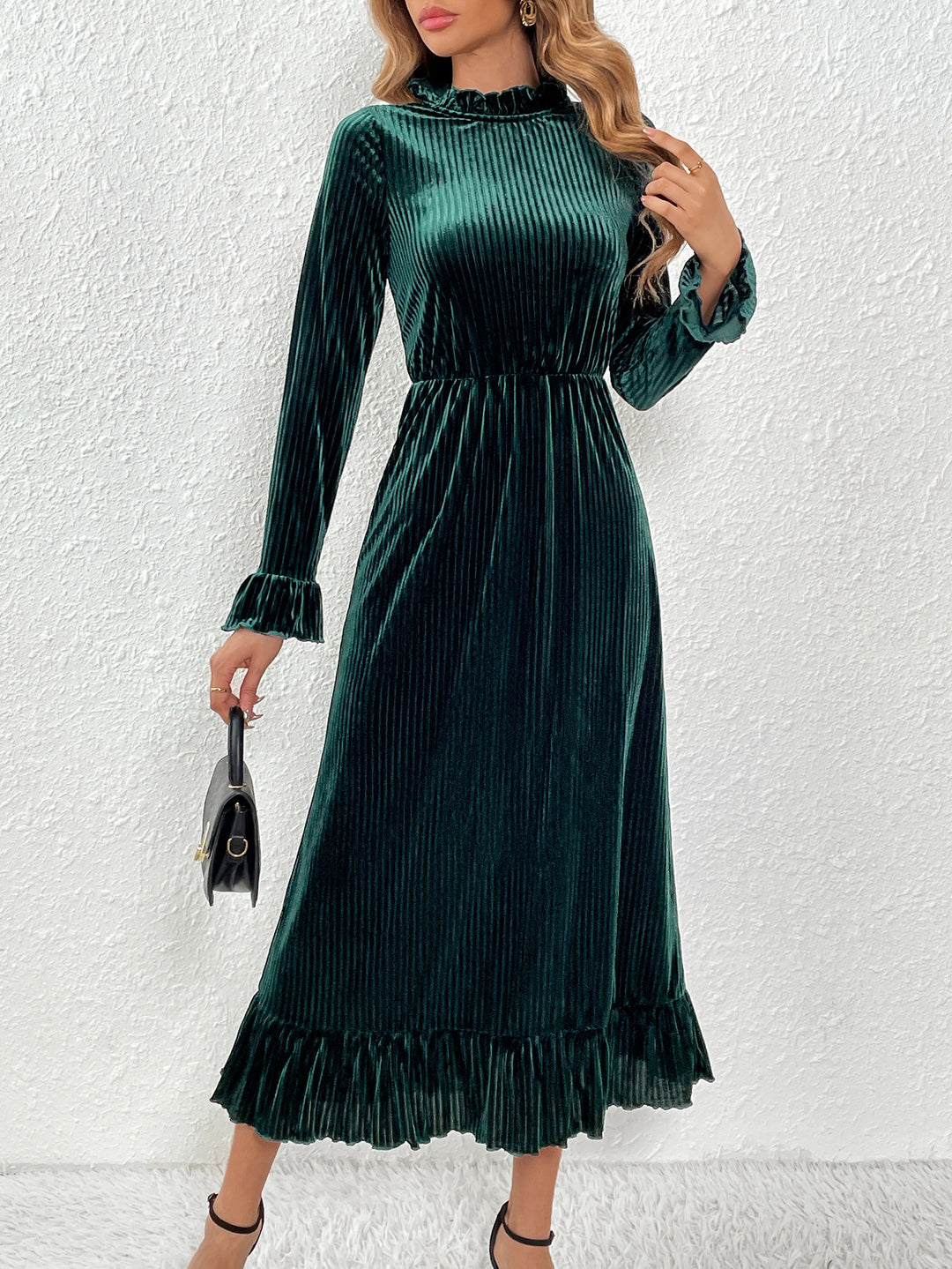 Green High Neck Velour Dress