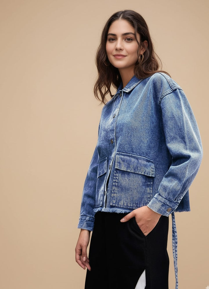 Blue Full Sleeve Collared Double Pocket Jackets