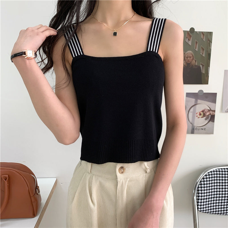 Black Square Neck White Stripes Strapped Top