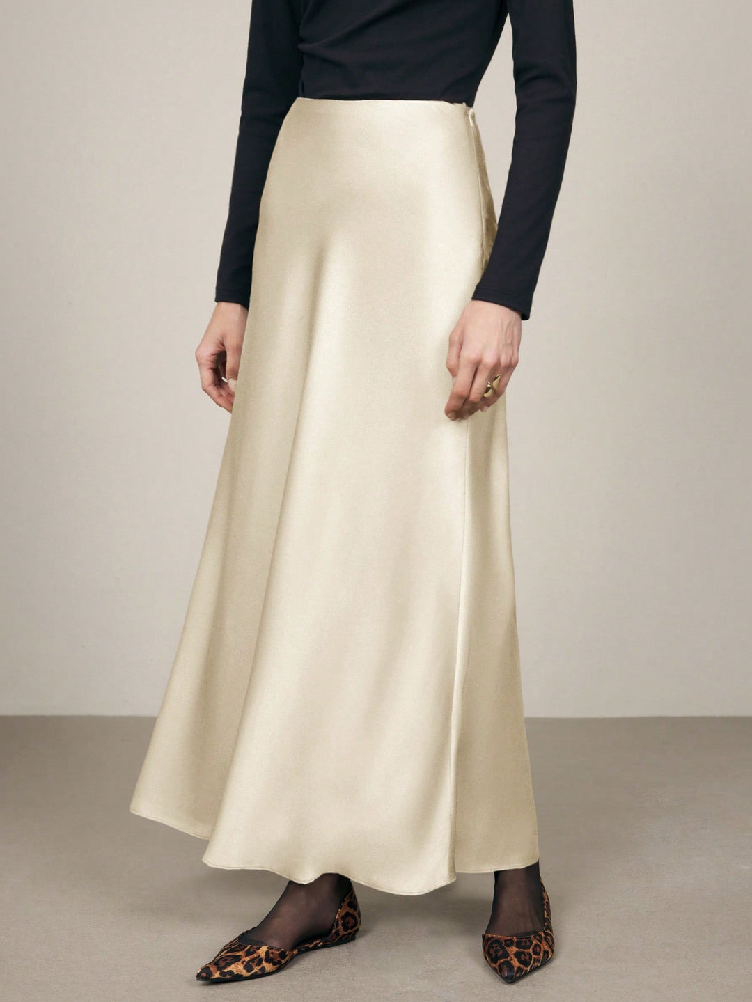 Beige Satin Flowy Evening Skirt