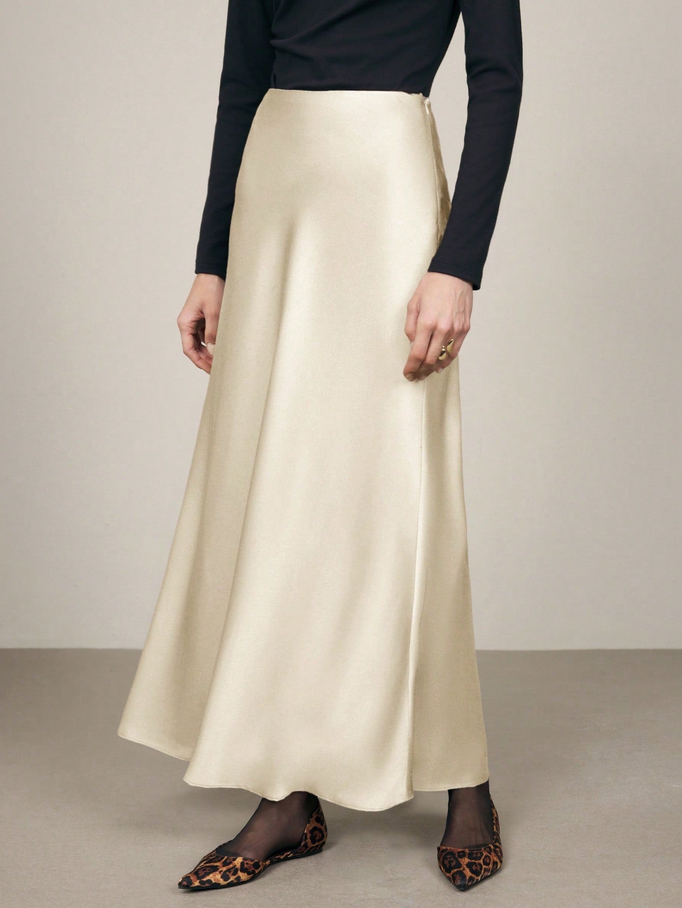 Beige Satin Flowy Evening Skirt