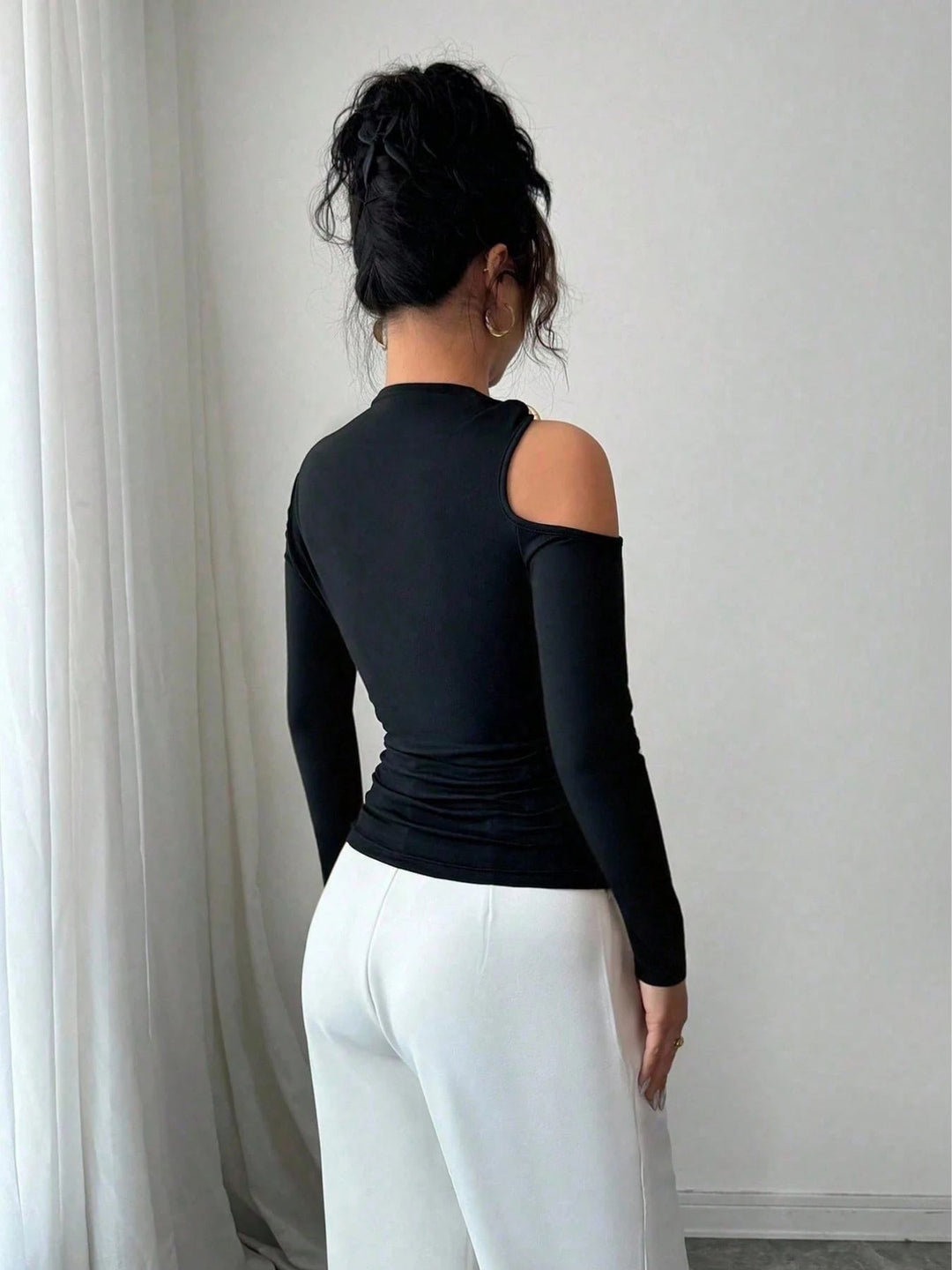 Black Full Sleeve Side Buckle Trim Top