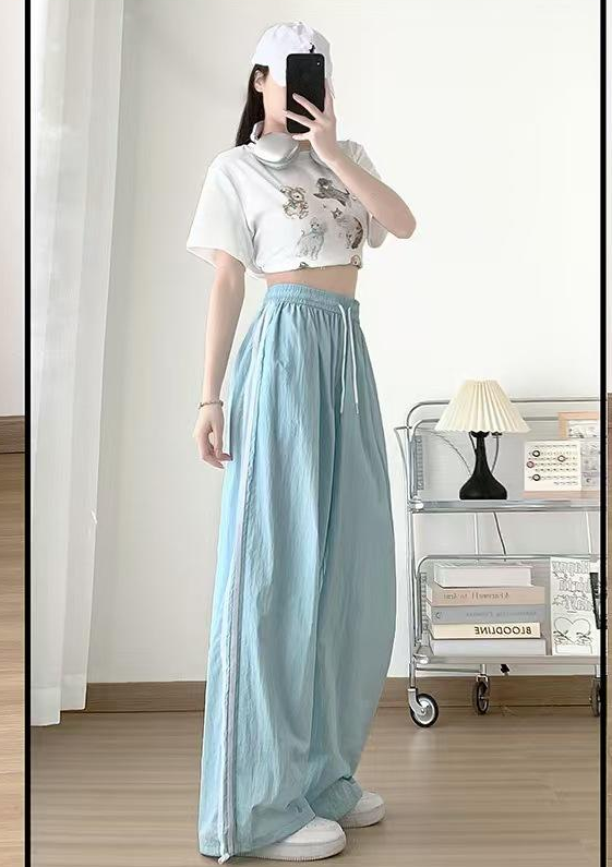 Blue Wide Leg Drawstring Sweatpants