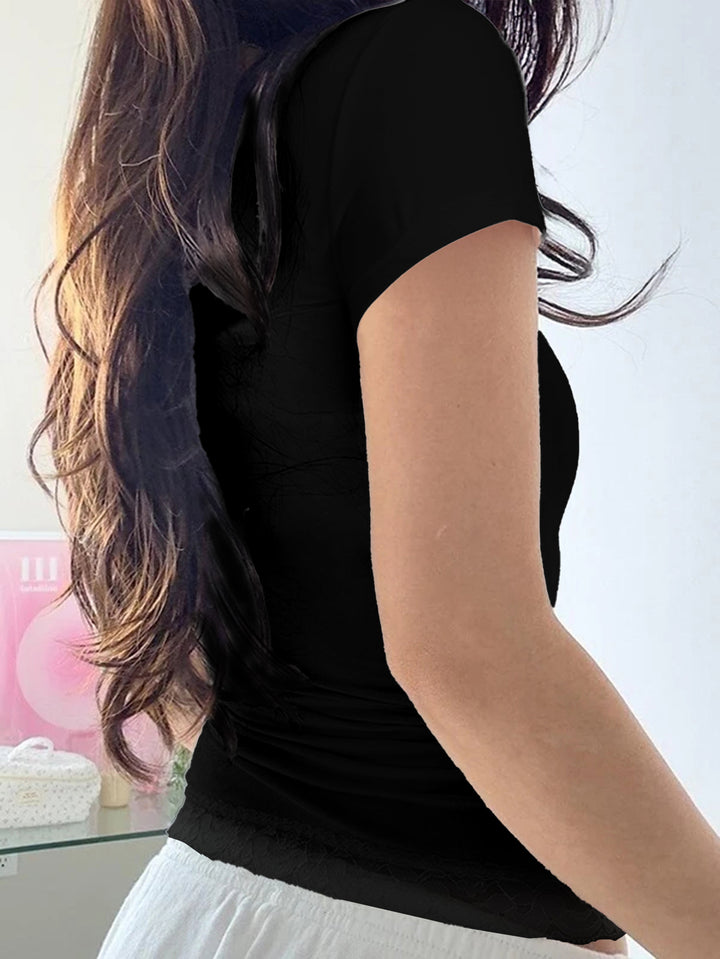 Black Square Neck Top With Lace Inserts