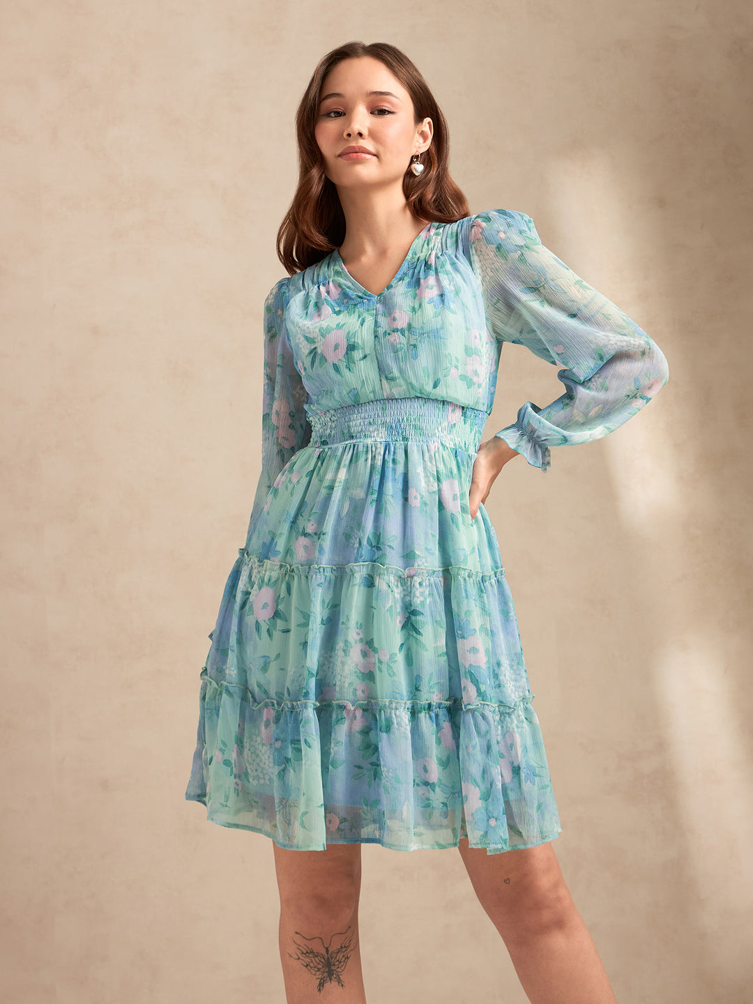 Blue Printed Full Sleeves Waist Smoked Dress