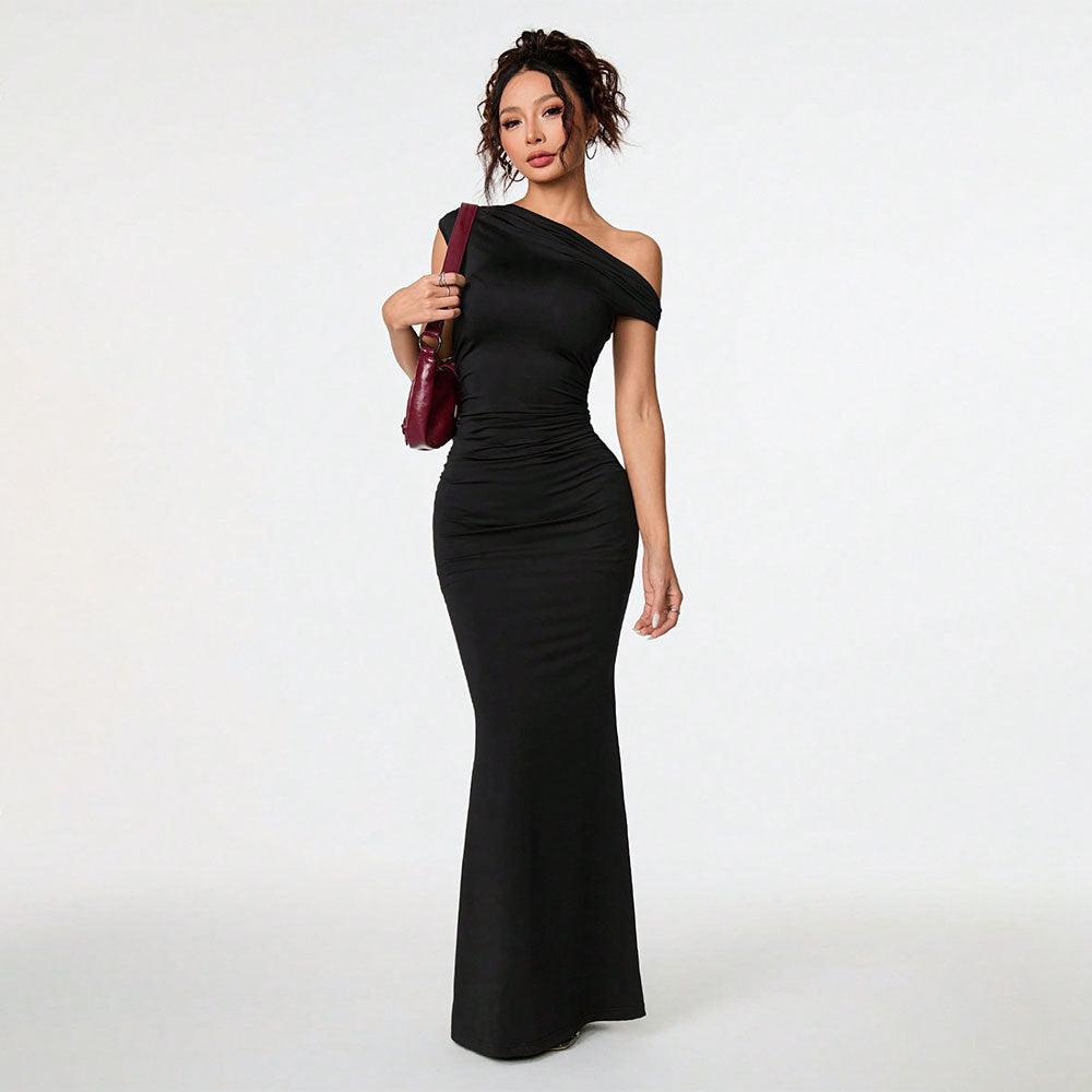 Black Off-Shoulder Oblique Collar Dress