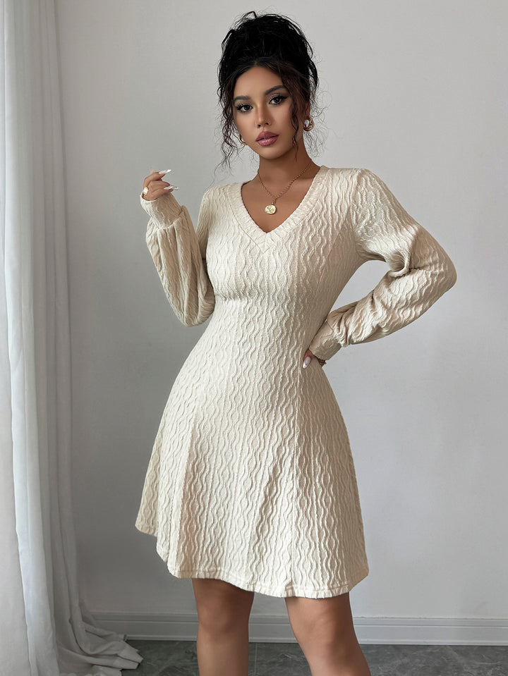 Beige Textured V Neck Mini Dress