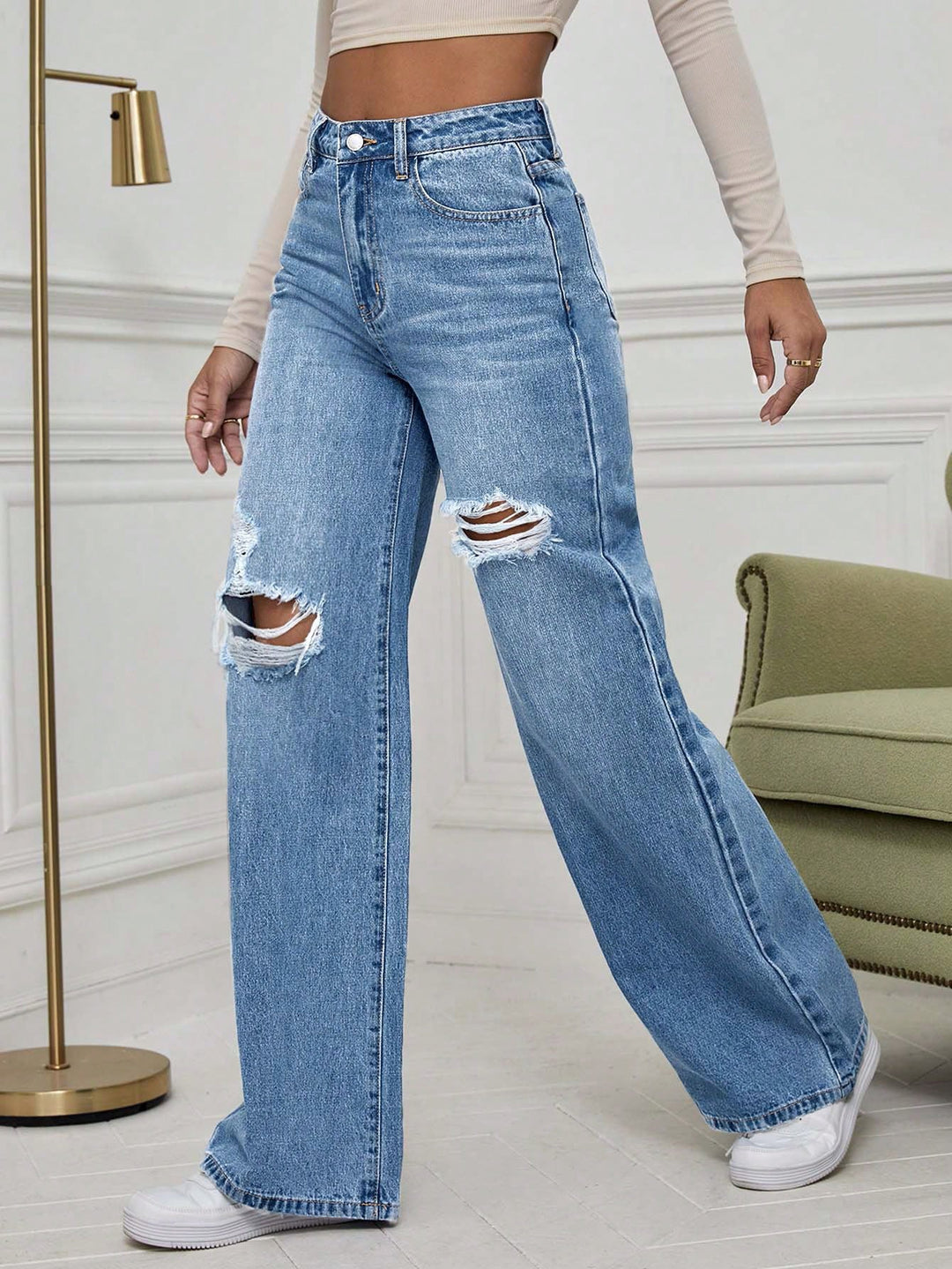 Blue Knee And Thigh Distressed Baggy Jeans