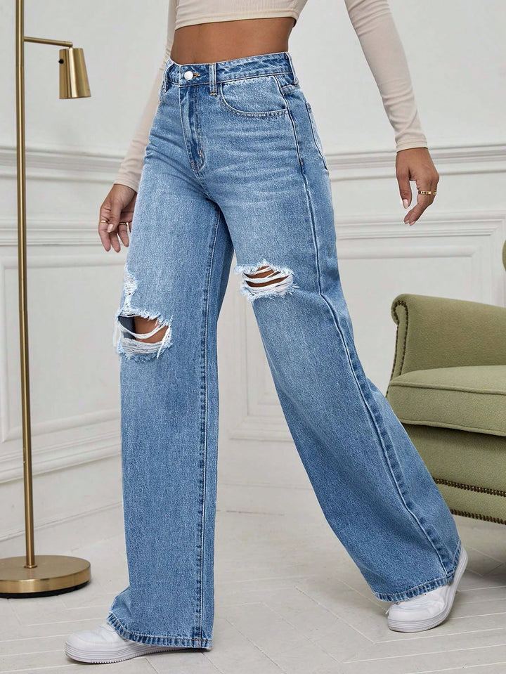 Blue Knee And Thigh Distressed Baggy Jeans