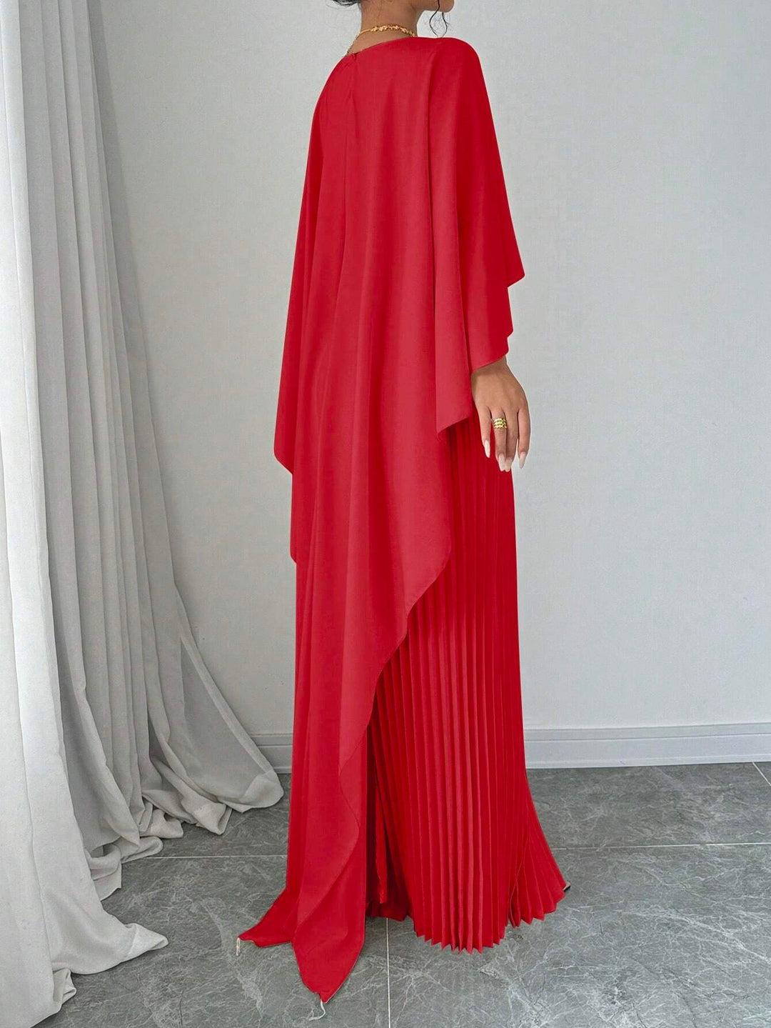 Red Crew Neck Coverup Pleated Dress
