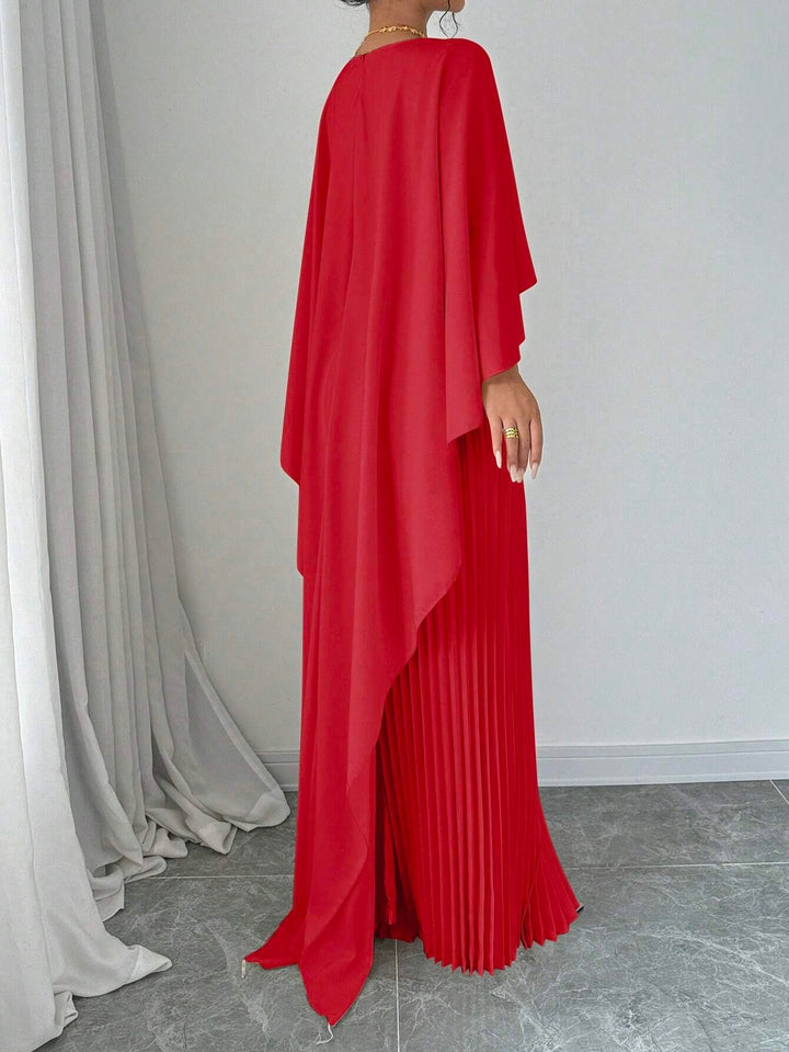 Red Crew Neck Coverup Pleated Dress