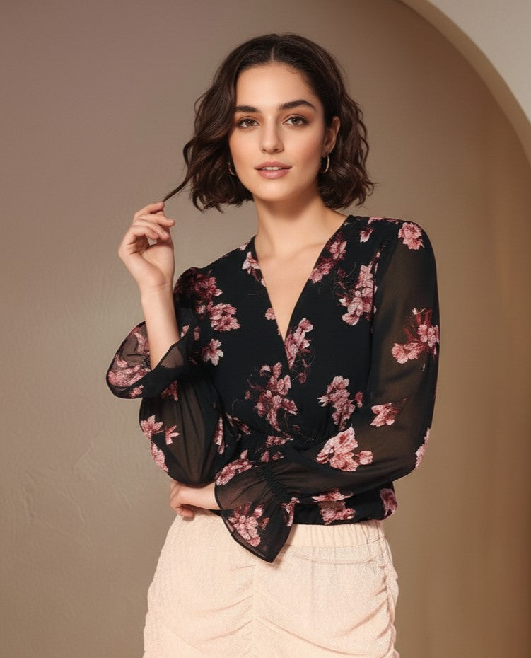 Black Bishop Sleeve V Neck Floral Printed Top