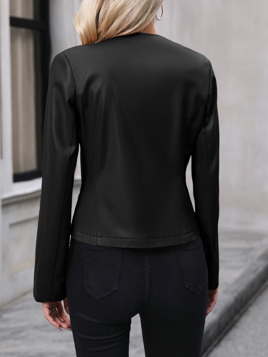 Black Collarless Zipper Jacket