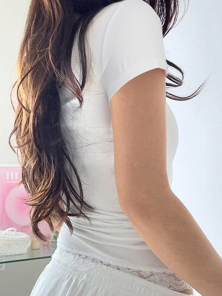 White Square Neck Top With Lace Inserts