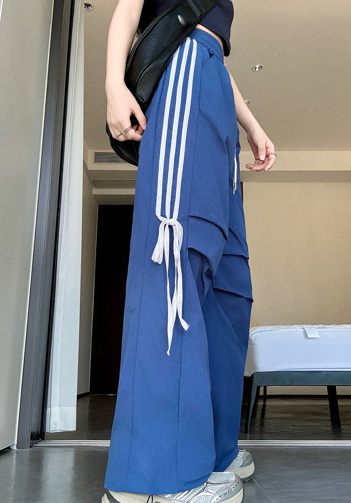 Navy Blue Wide Leg Drawstring Stripe Pin Tuck Sweatpants