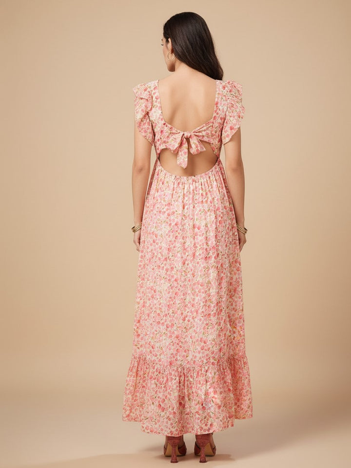 Peach Short Sleeve Square Neck Printed Dress