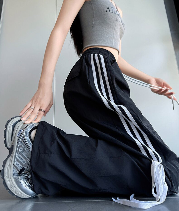 Black Wide Leg Drawstring Stripe Pin Tuck Sweatpants