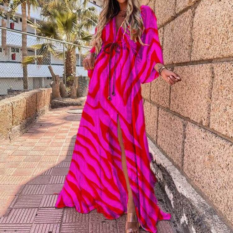 Red V Neck Printed High Slit Maxi Dress