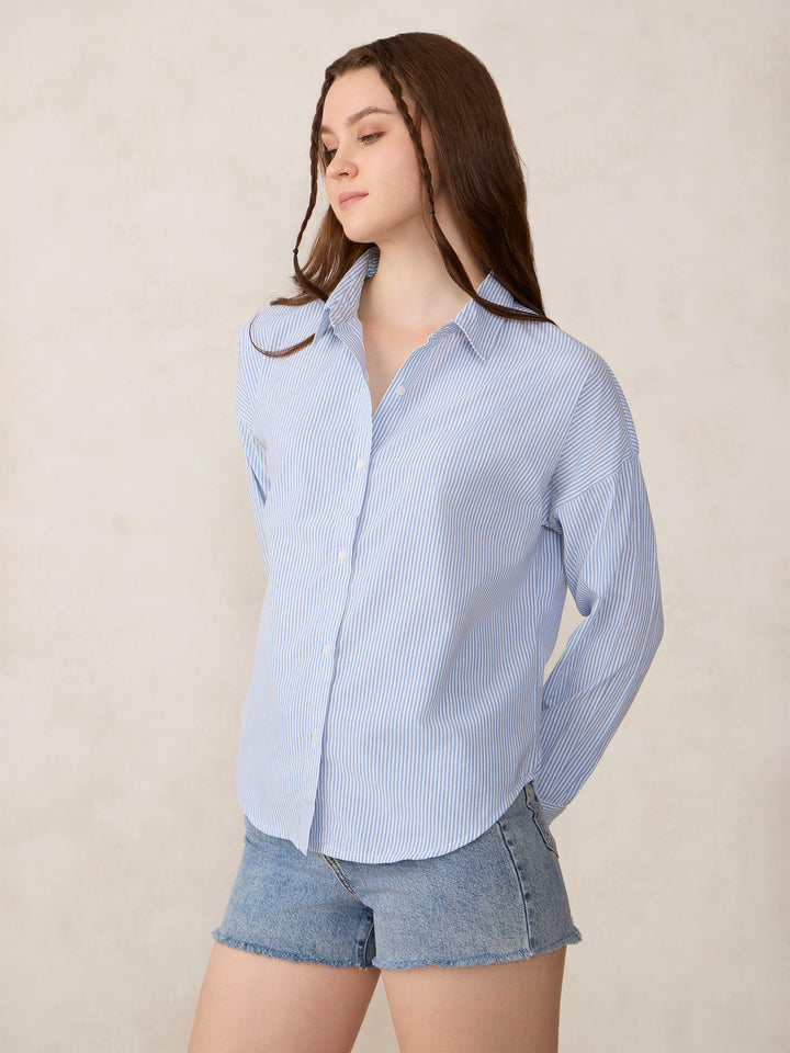 Blue Oversized Drop Shoulder Stripe Shirt