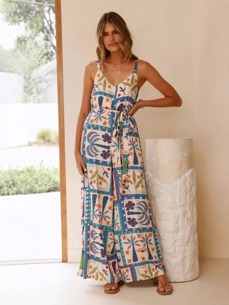 Multi Shoulder Strap Abstract Printed Jumpsuit
