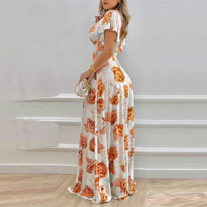 Orange Printed Plunge Neck Flutter Sleeve Dress