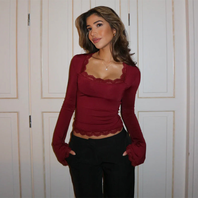 Wine Scoop Neck Top With Lace Inserts
