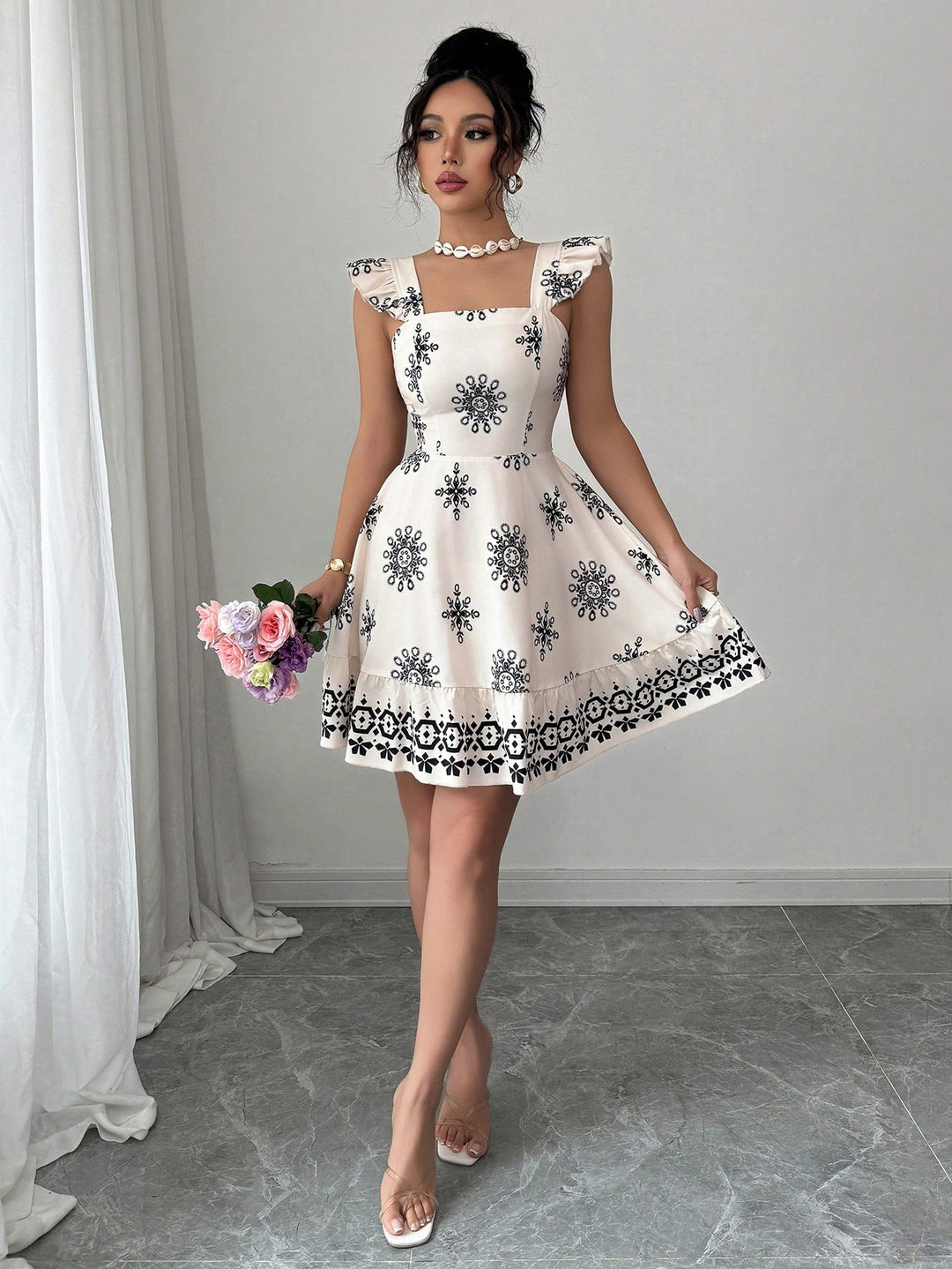 White Printed Ruffle Sleeve Dress
