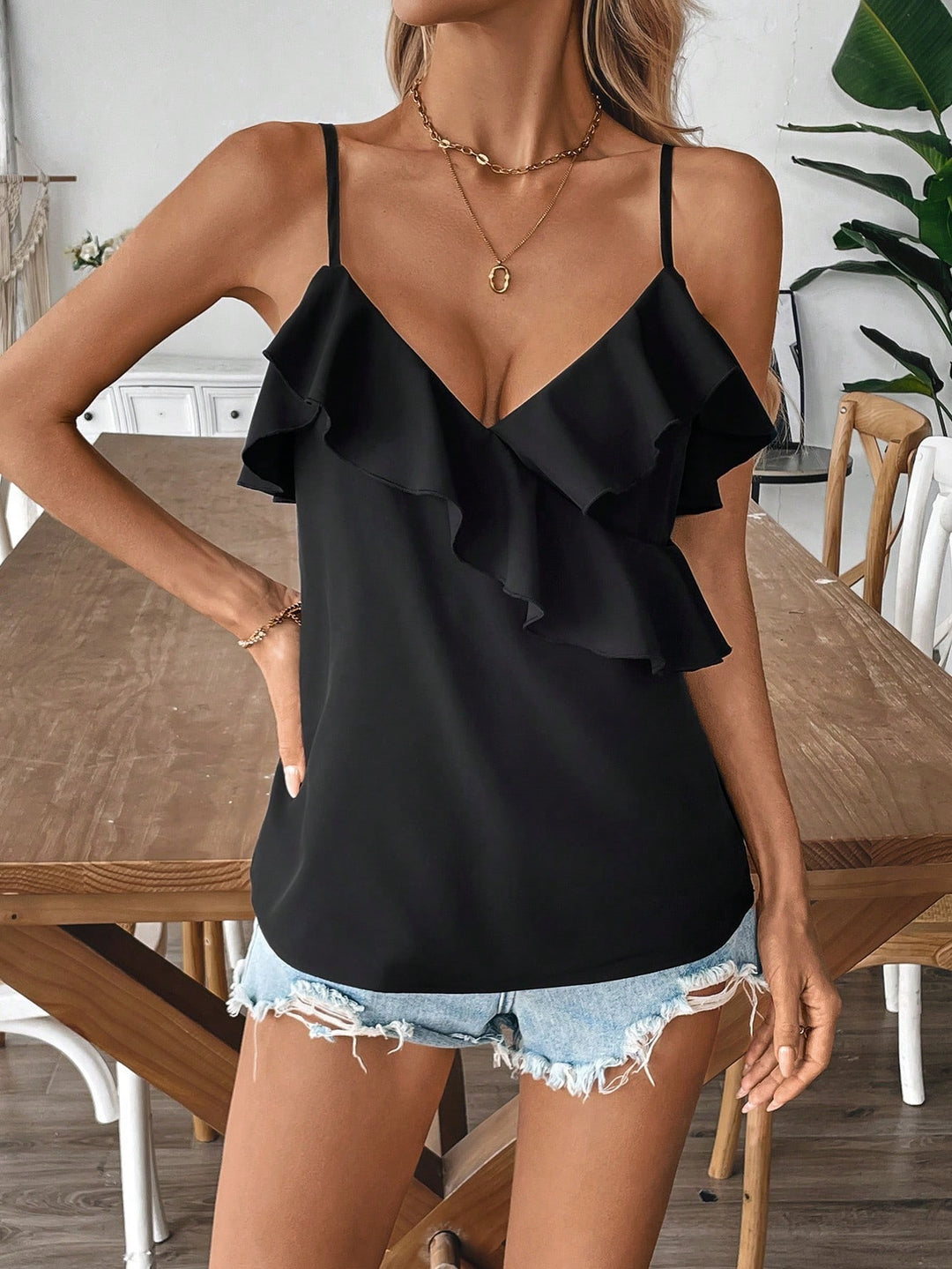 Black Shoulder Strap Ruffle Top