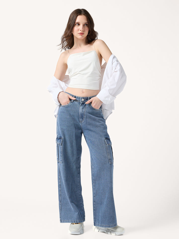 Light Blue Cargo Style Straight Fit Jeans