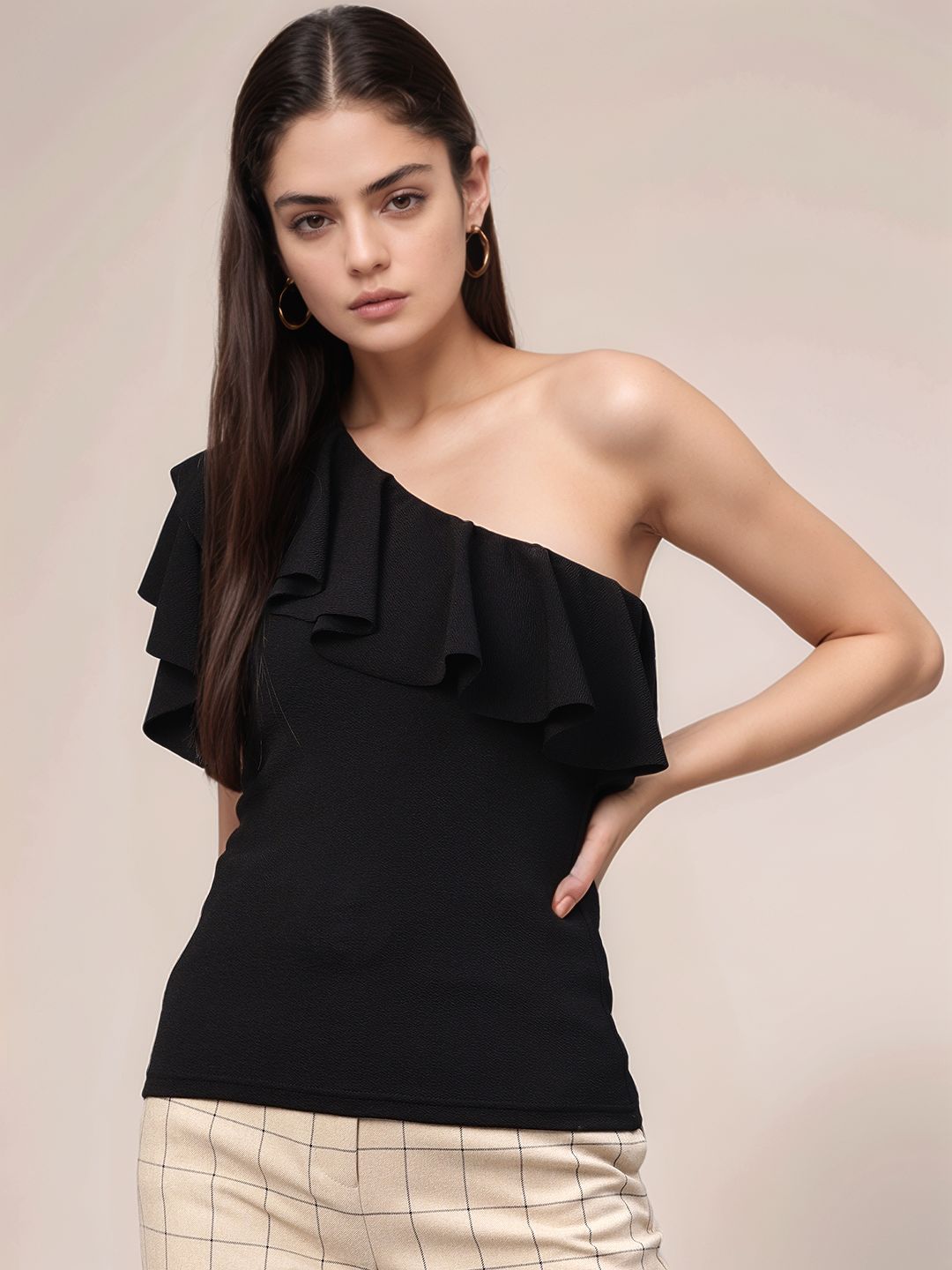 Black One Shoulder Ruffle Neckline Top