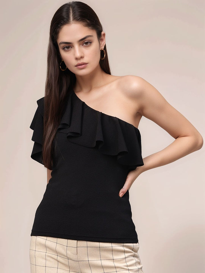 Black One Shoulder Ruffle Neckline Top