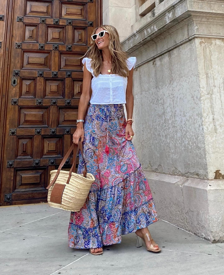 Blue Abstract Printed Flared Skirt