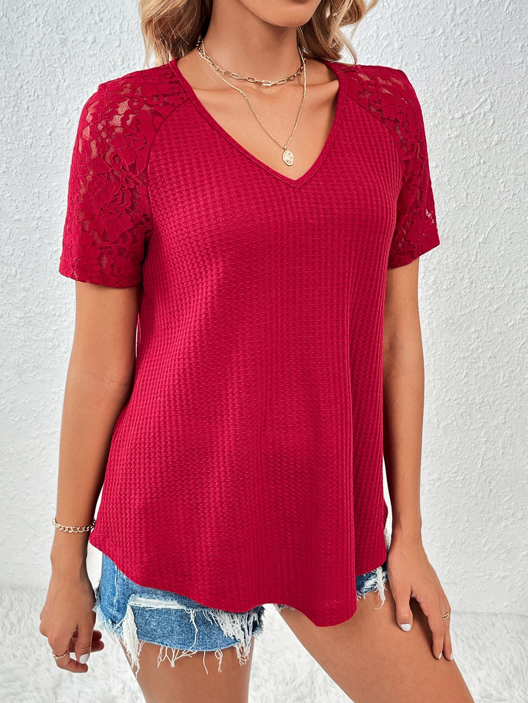 Red Laced Sleeve V-Neck Top