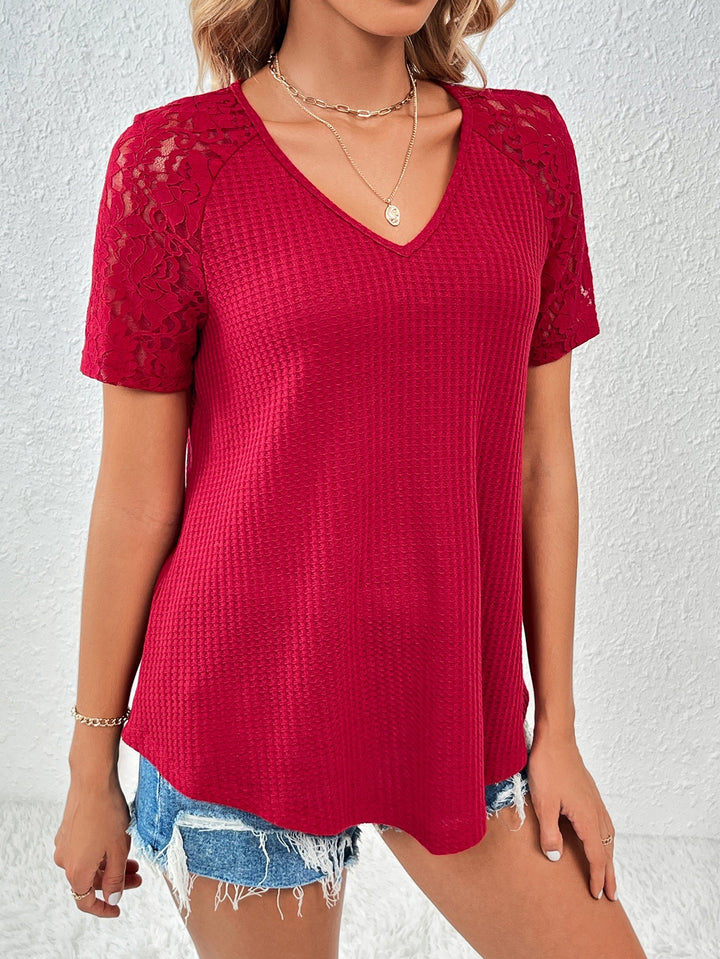 Red Laced Sleeve V-Neck Top