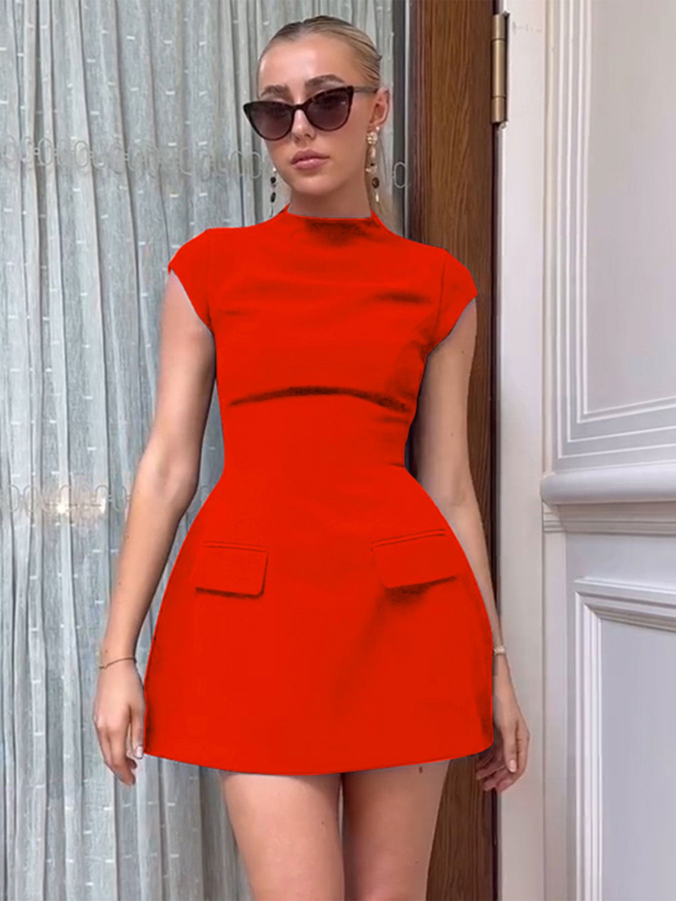 Red High Neck Flap Pocket Dress