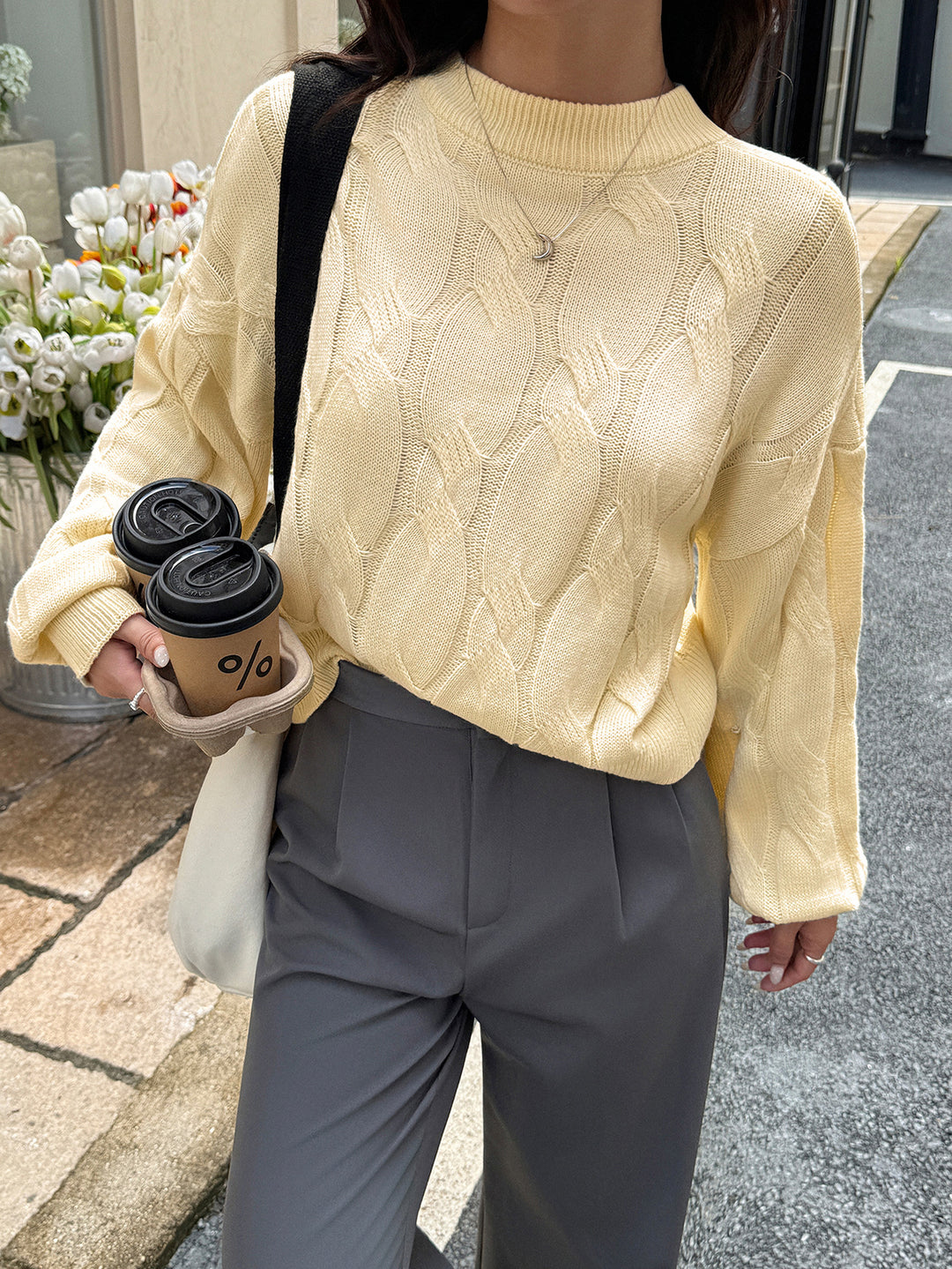 Cream Textured Solid Sweater