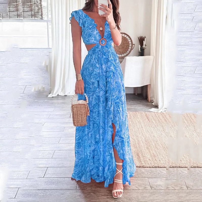 Blue V Neck Side Cut Out High Slit Maxi Dress
