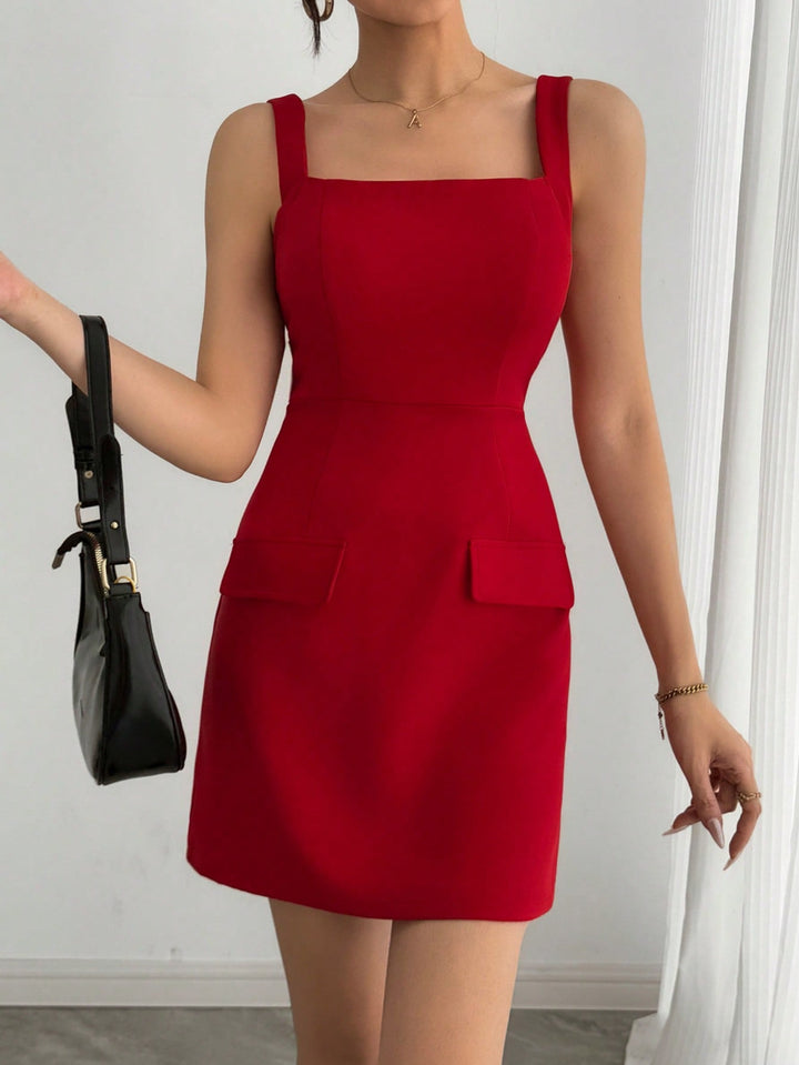 Red Shoulder Strap Double Pocket Dress