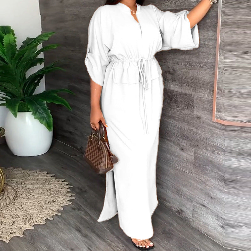 White Mandarin Collared Waist Cinched Dress