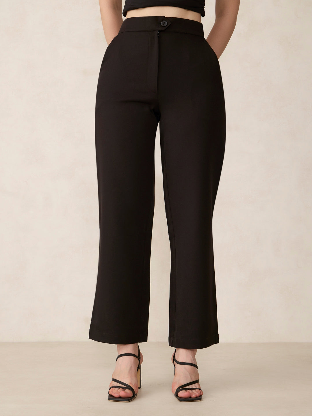 Black Extended Waist Band Straight Fit Trouser