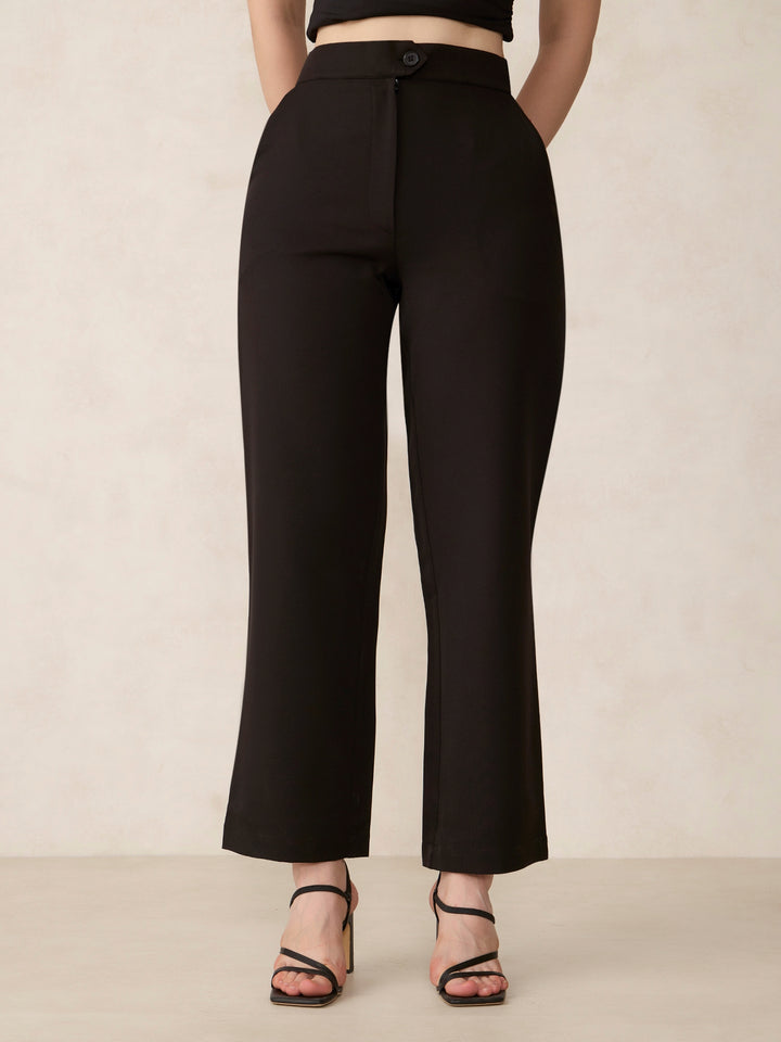 Black Extended Waist Band Straight Fit Trouser