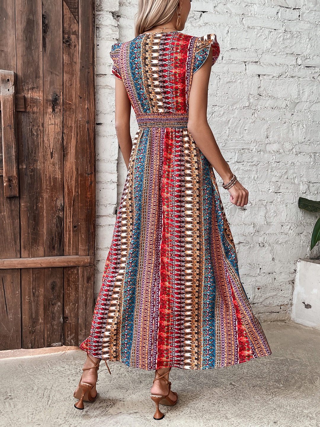 Multi Printed V Neck Short Sleeve Dress