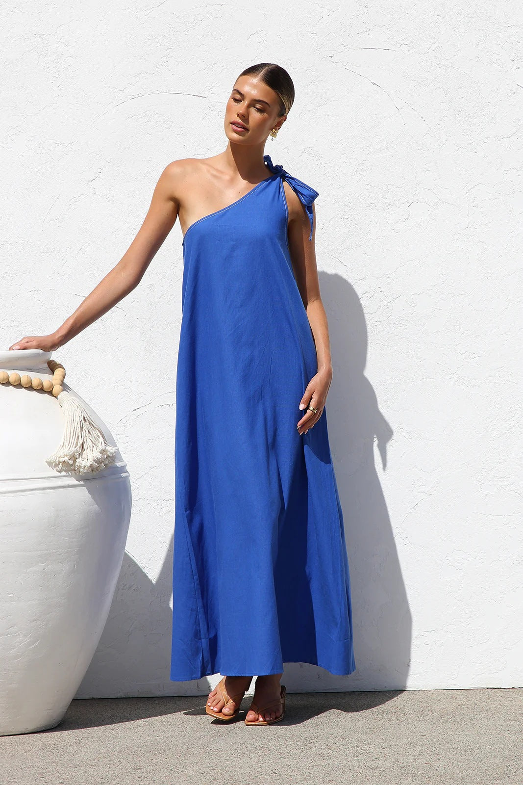 Blue One Shoulder Tie-Up Dress