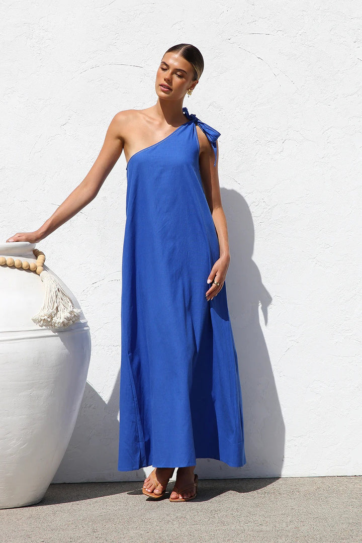 Blue One Shoulder Tie-Up Dress